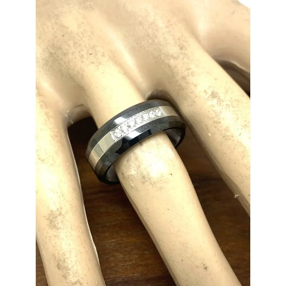 Wedding Band Stainless Steel Ceramic Cubic Zirconia 8mm Unisex Ring Size 9
